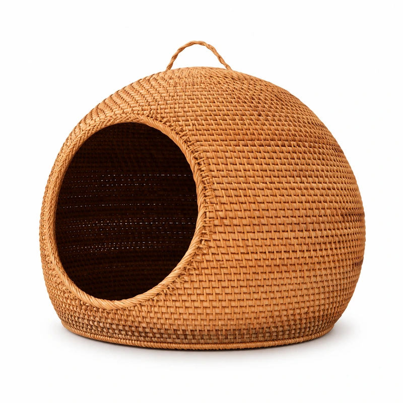 domed rattan cat bed on a white background domed rattan cat bed on a white background