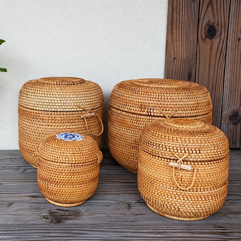 barrel shaped rattan baskets product photograph