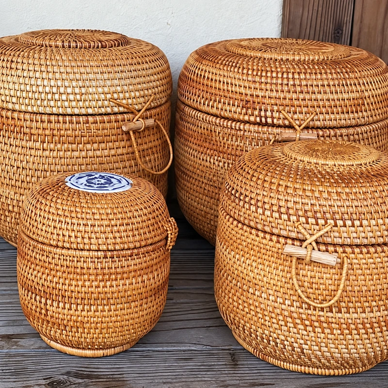 barrel shaped rattan baskets woven detail