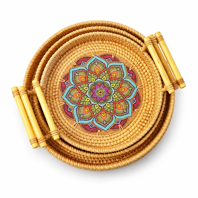mandala rattan serving trays on a white background mandala rattan serving trays on a white background