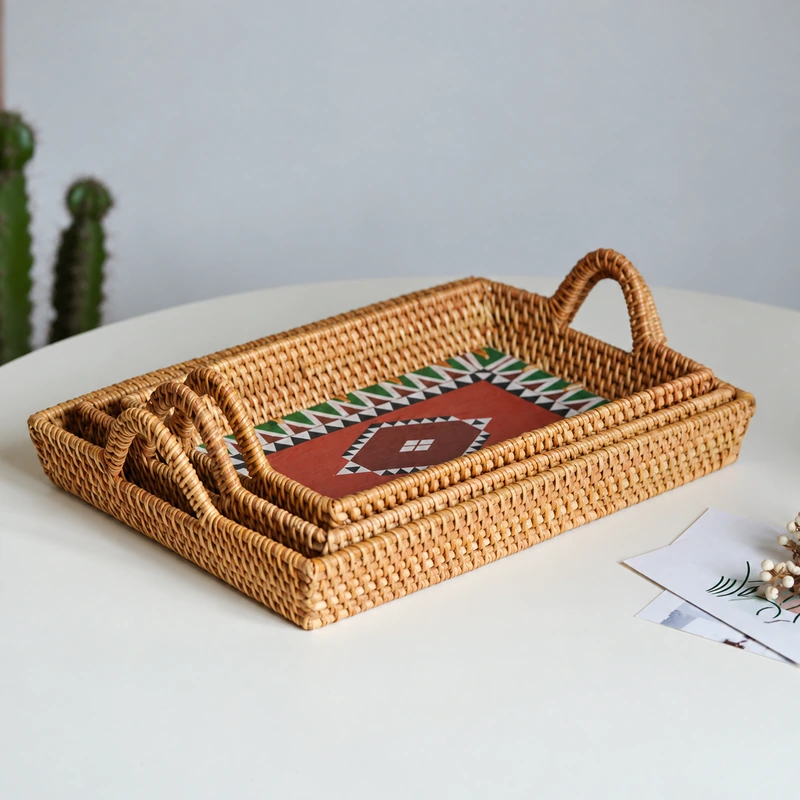 bird pattern rattan trays product photograph
