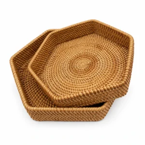 hexagonal rattan storage baskets on a white background