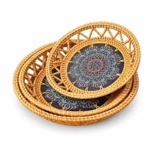 ornamental rattan round trays on a white background