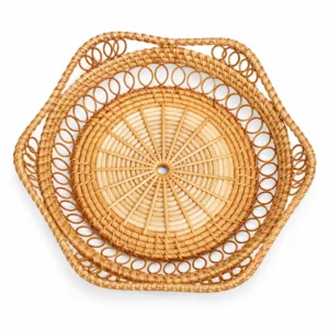 hexagonal openwork rattan plates on a white background