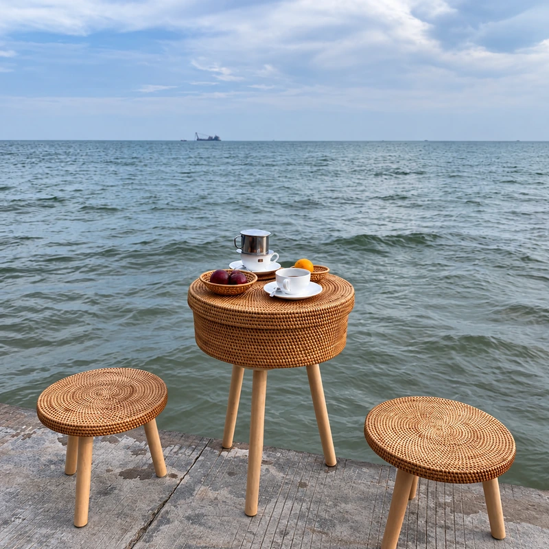 Rattan Table Stool Set | 3 Pieces 1 rattan table stool set product photograph