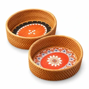 orange floral rattan bowls on a white background