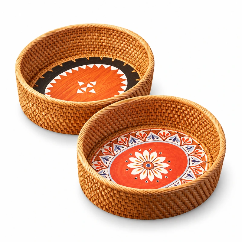 orange floral rattan bowls on a white background orange floral rattan bowls on a white background