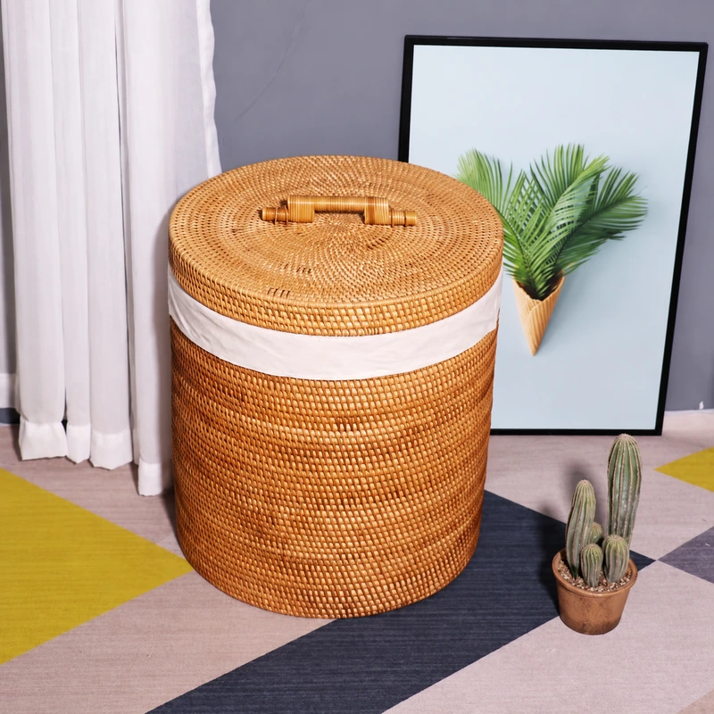 Textile Band Rattan Hamper | Handled Lid 1 textile band rattan hamper product photograph
