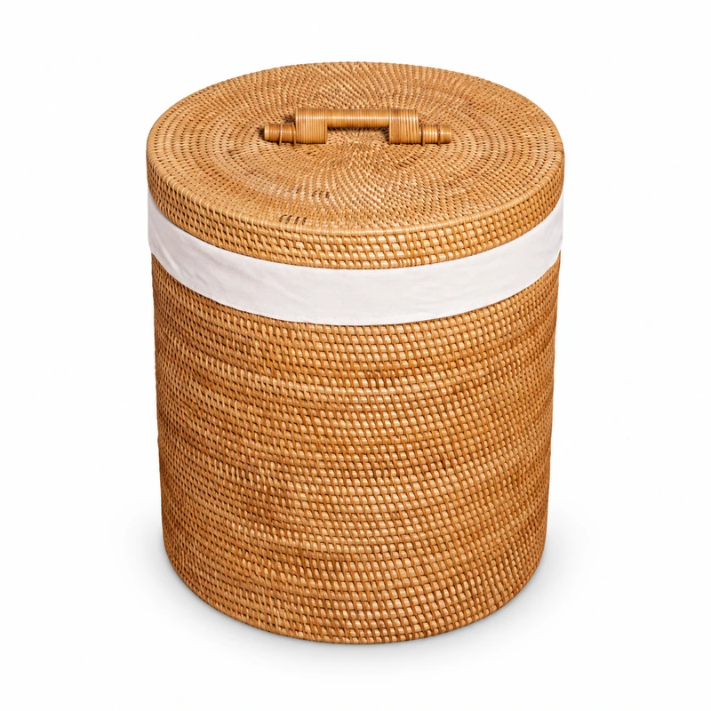 textile band rattan hamper on a white background textile band rattan hamper on a white background
