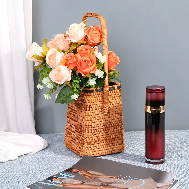Rectangular Rattan Flower Holder | Tall Handle 1 rectangular rattan flower holder product photograph