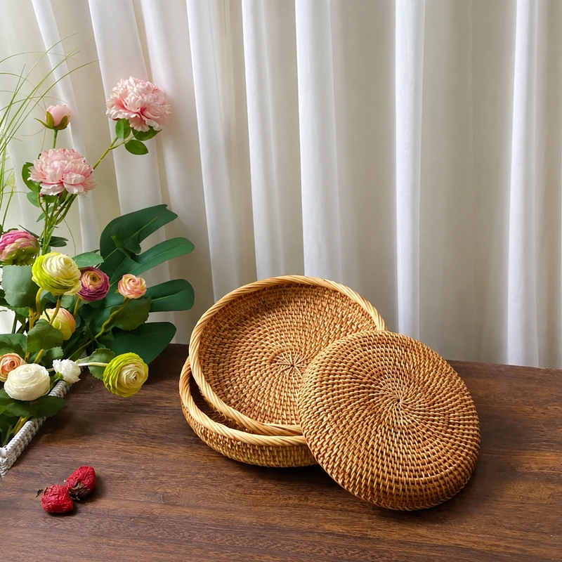Flat Lid Rattan Round Box | Low Handle 1 flat lid rattan round box product photograph