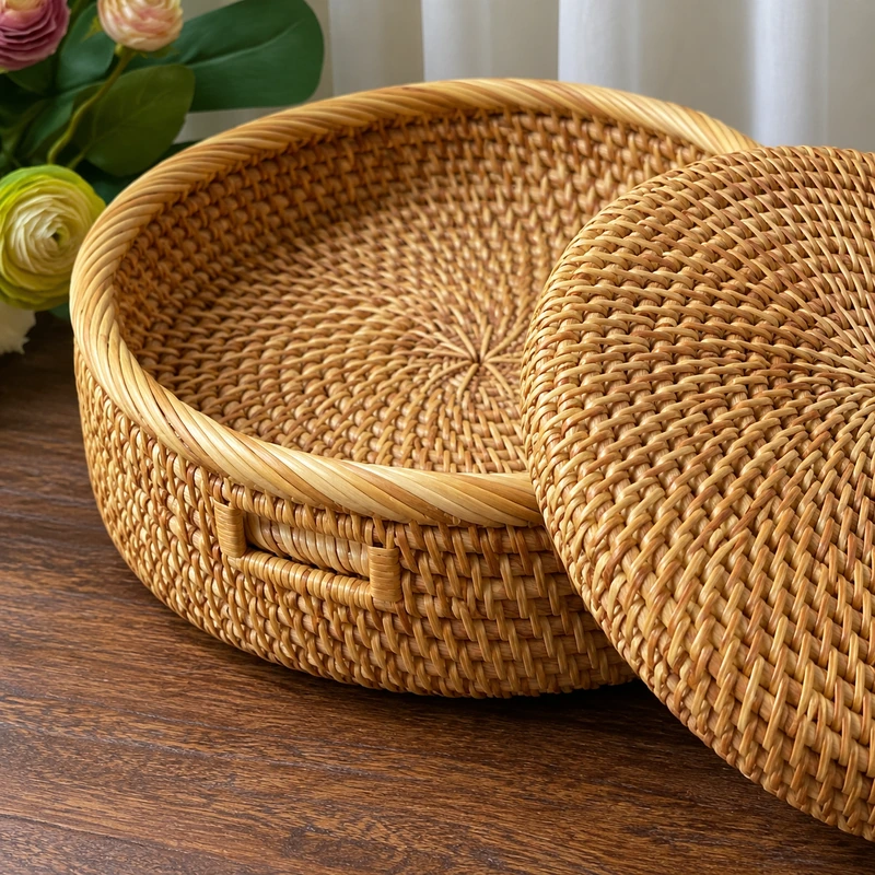 Flat Lid Rattan Round Box | Low Handle 2 flat lid rattan round box construction detail
