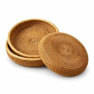 flat lid rattan round box on a white background