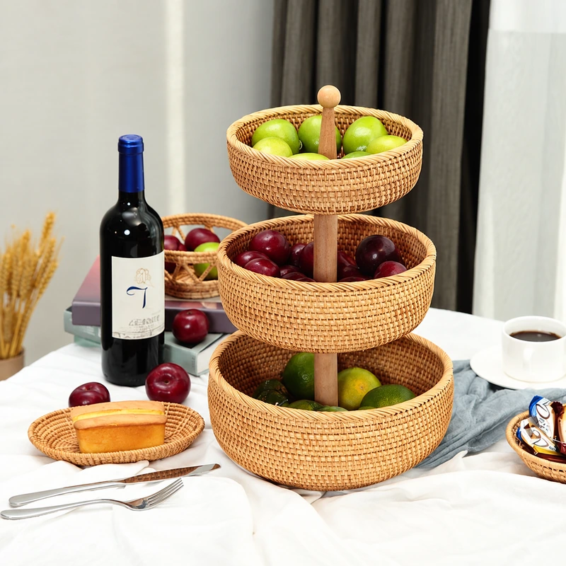 Knob Top Rattan Fruit Stand | 3 Tiers 1 knob top rattan fruit stand product photograph