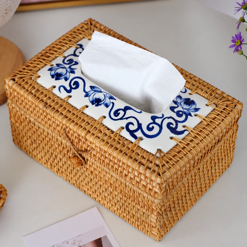 Ceramic Top Rattan Tissue Box | Rectangular 1 ceramic top rattan tissue box product photograph