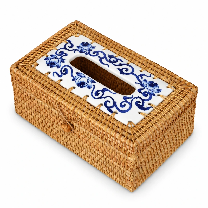 ceramic top rattan tissue box on a white background ceramic top rattan tissue box on a white background