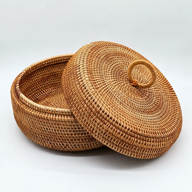 Loop Lid Rattan Storage Bowl | Round Form 1 loop lid rattan storage bowl product photograph
