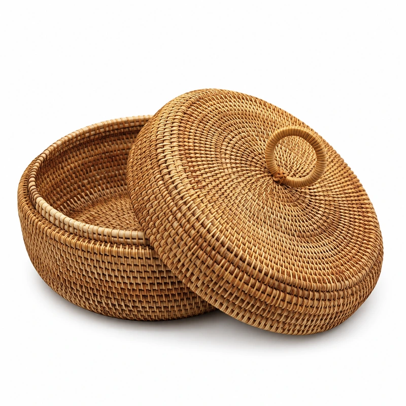 loop lid rattan storage bowl on a white background loop lid rattan storage bowl on a white background