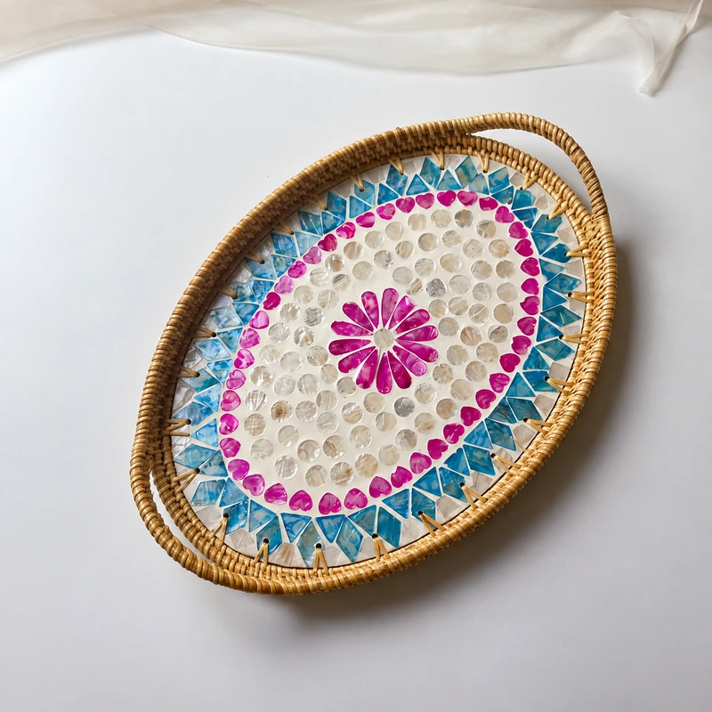 Floral Ceramic Oval Rattan Tray | 35 cm 1 floral ceramic oval rattan tray product photograph