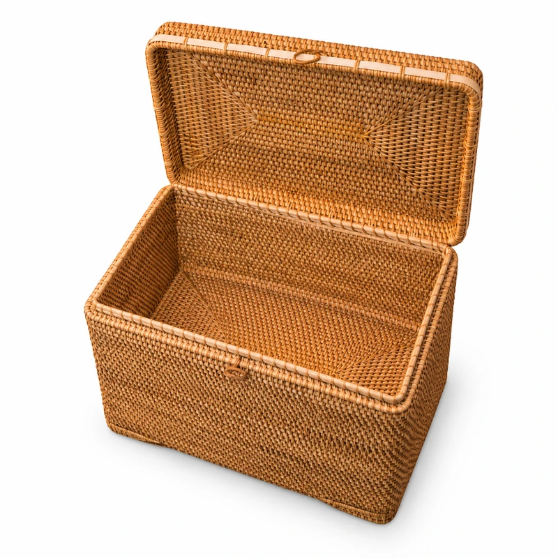 hinged rattan storage trunk on a white background hinged rattan storage trunk on a white background