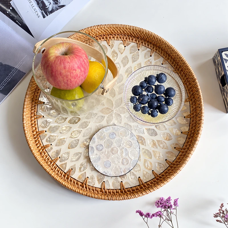 Round Shell Inlay Rattan Trays | 2 Sizes 7 round shell inlay rattan trays product photograph
