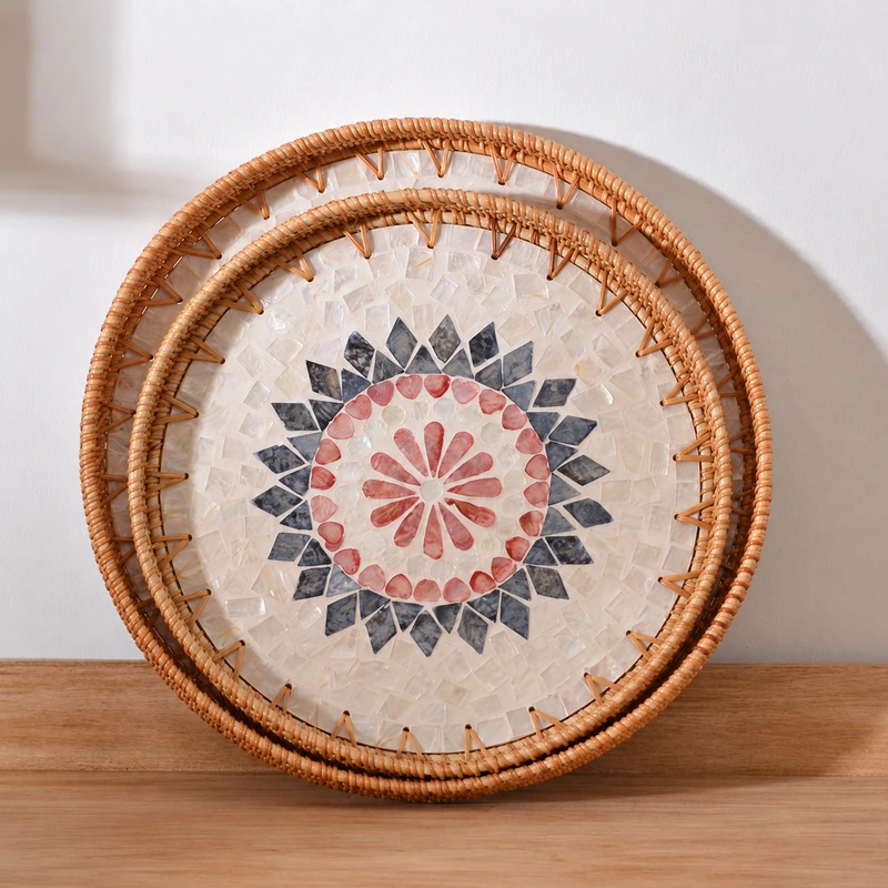 Round Shell Inlay Rattan Trays | 2 Sizes 8 round shell inlay rattan trays construction detail