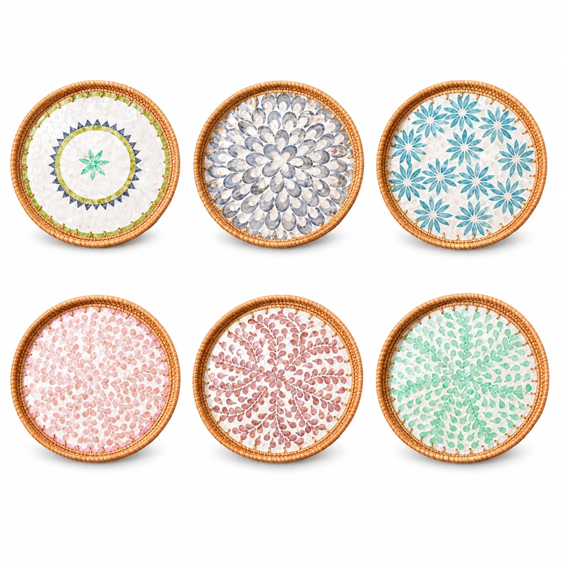 round shell inlay rattan trays on a white background round shell inlay rattan trays on a white background