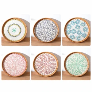 Round Shell Inlay Rattan Trays | 2 Sizes 1 round shell inlay rattan trays pattern and size reference 1