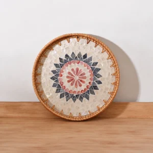 Round Shell Inlay Rattan Trays | 2 Sizes 6 round shell inlay rattan trays pattern and size reference 8