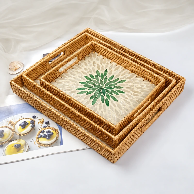 Handled Shell Inlay Rattan Trays | Set of 3 1 handled shell inlay rattan trays product photograph
