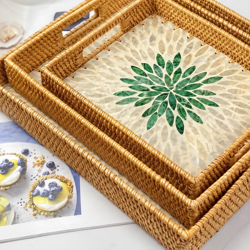 Handled Shell Inlay Rattan Trays | Set of 3 2 handled shell inlay rattan trays construction detail