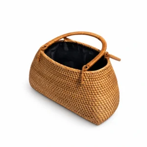 lined rattan handbag on a white background