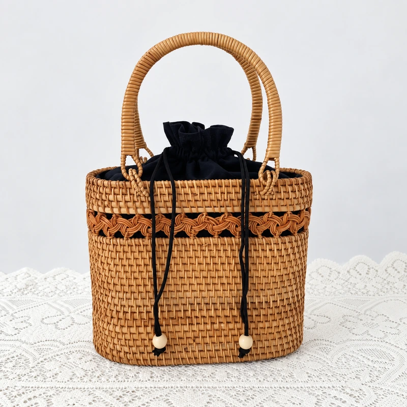 Drawstring Rattan Handbag | 22 cm 1 drawstring rattan handbag product view