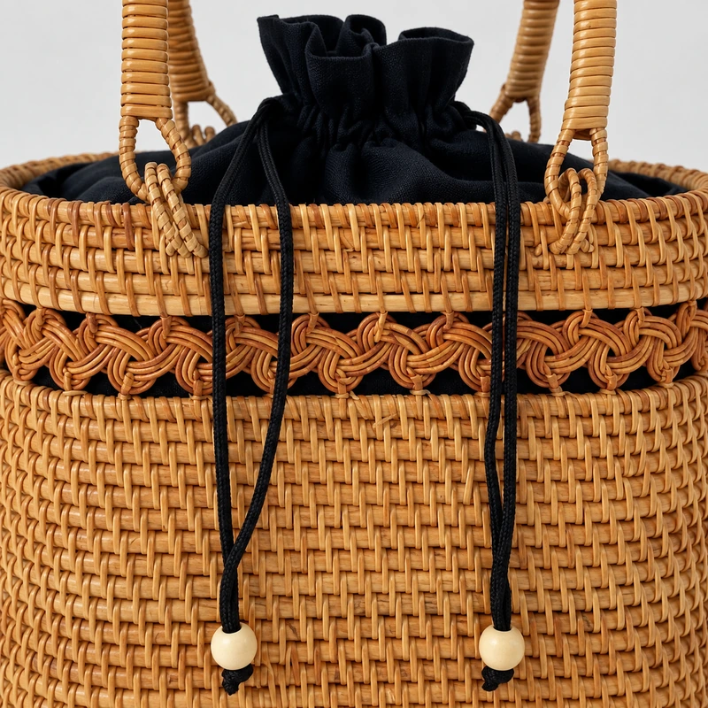Drawstring Rattan Handbag | 22 cm 2 drawstring rattan handbag construction and carrying detail