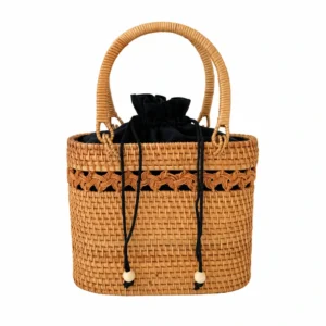 drawstring rattan handbag on a white background