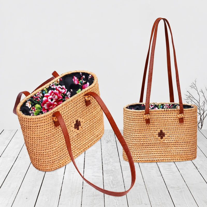 floral lined rattan shoulder bag product view