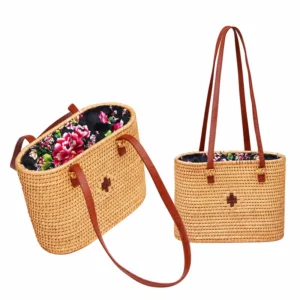 floral lined rattan shoulder bag on a white background