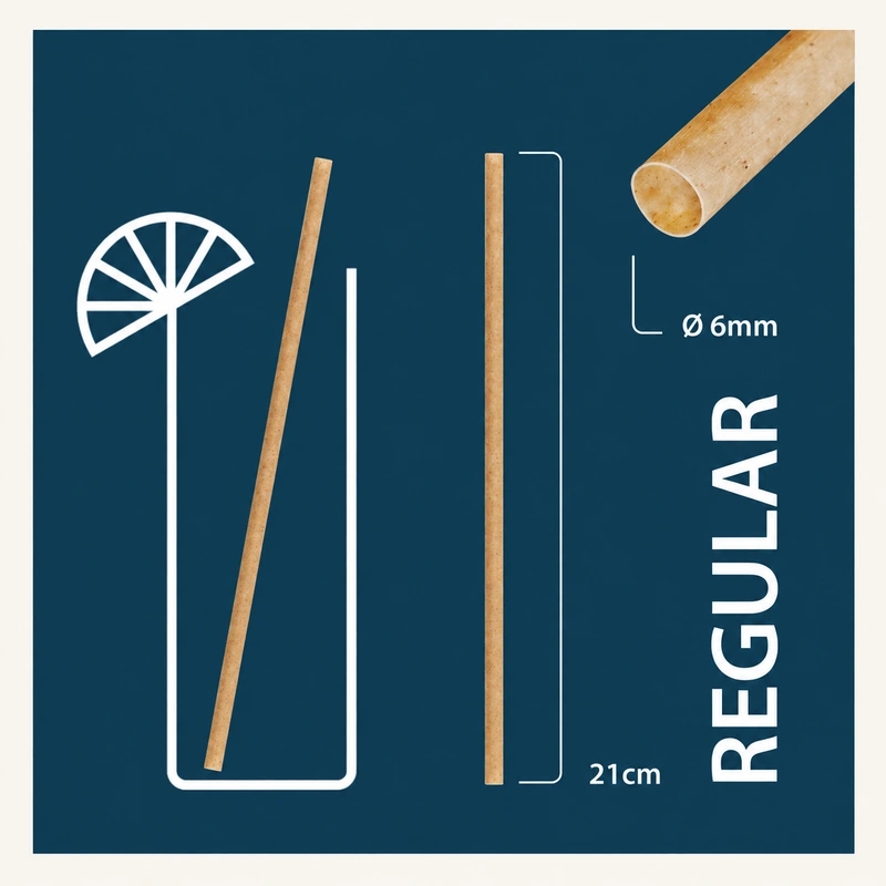 Regular sugarcane straws dimensions: 21 cm length and 6 mm diameter Regular sugarcane straws dimensions: 21 cm length and 6 mm diameter